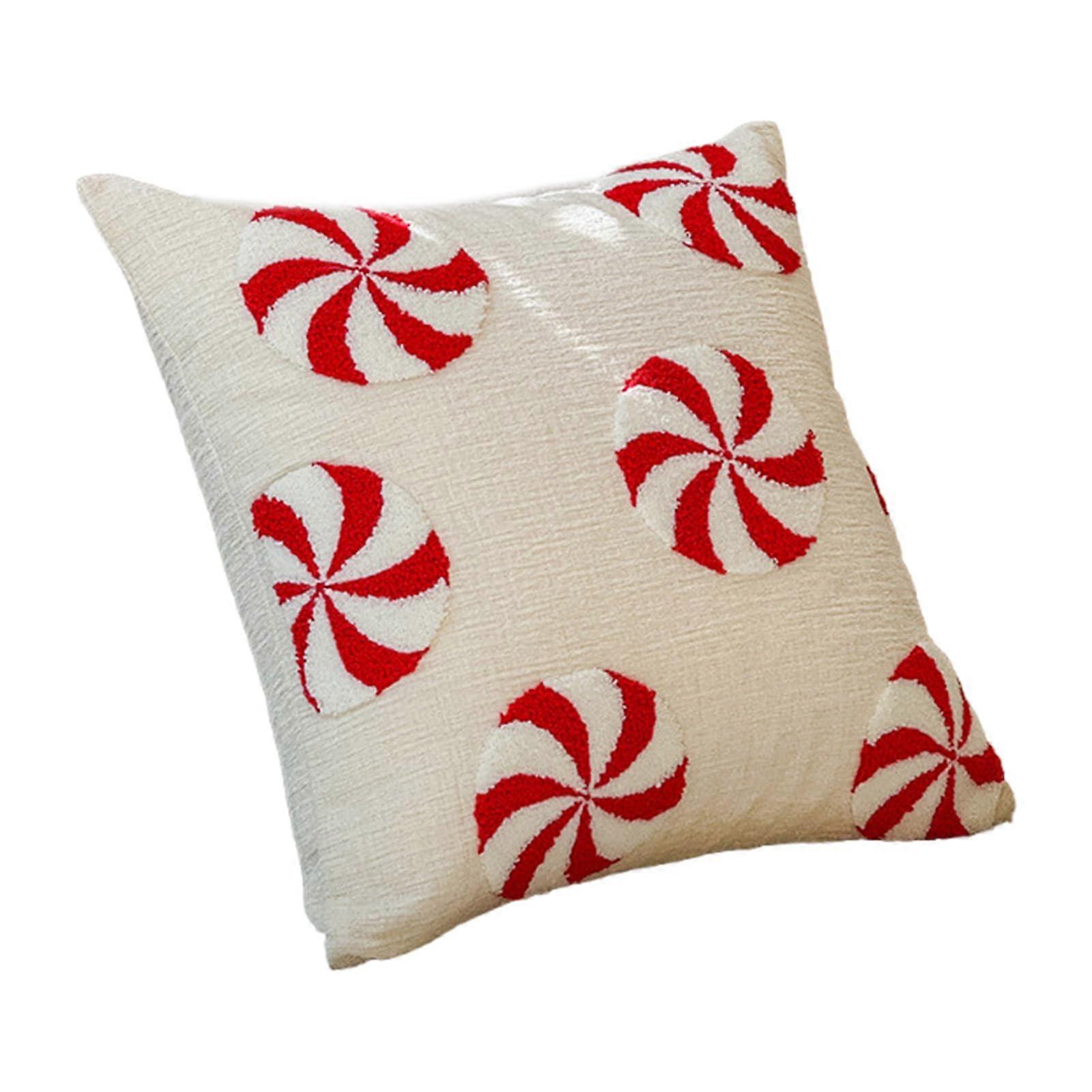 Christmas Embroidered Tufted Throw Pillow Polyester Decorative Cushion For Sofa And Bedroom, Candy Pattern