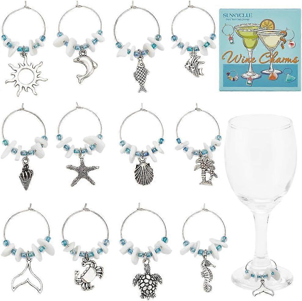 1 Box 12Pcs Ocean Wine Markers Charms Glass Identifiers Alloy Silver Summer Beach Hawaii Turtle Drink Identifier Tags Bulk for Stem Glasses Wine Tasti