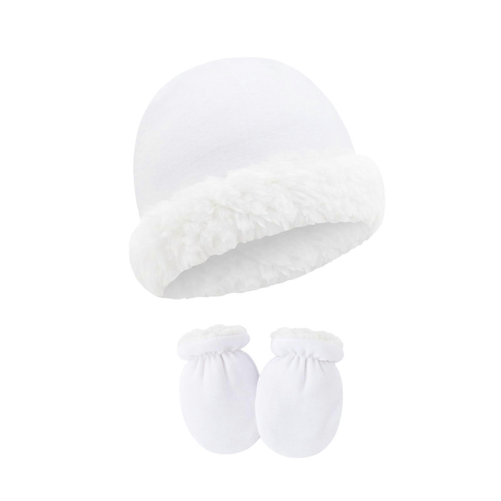 Newborn Infant Beanies Hat And Matching Gloves Set Breathable Cotton Polyester Cap Mitts For Warmth Without Overheating  White