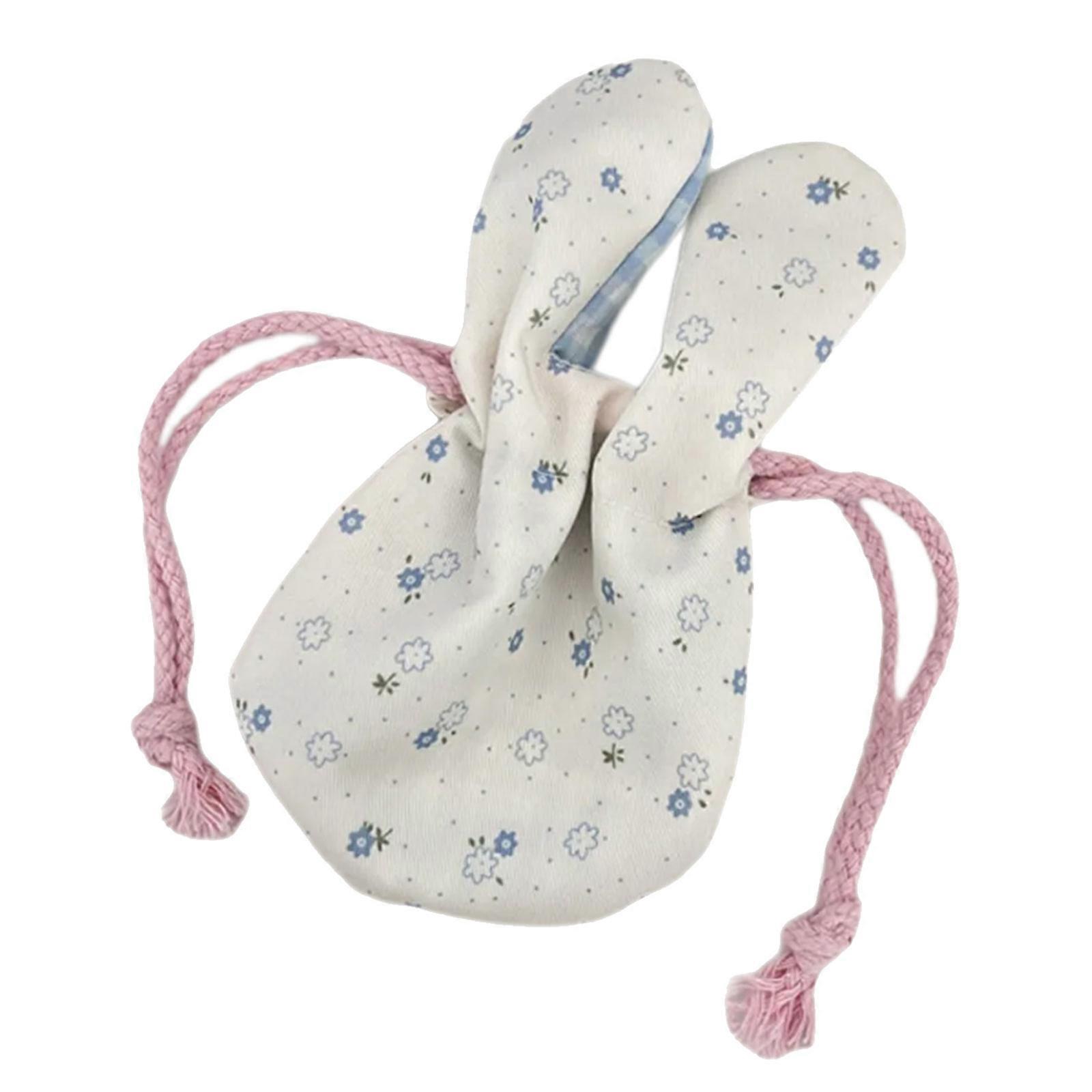 Adorable Rabbit Ears Floral Print Drawstring Storage Bag Polyester Fabric Organiser Case for Women's Daily Use  White