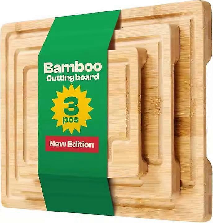 Bamboo Cutting Board Set with Juice Groove, 3 Sizes EcoFriendly Wood Boards with Handles for Kitchen