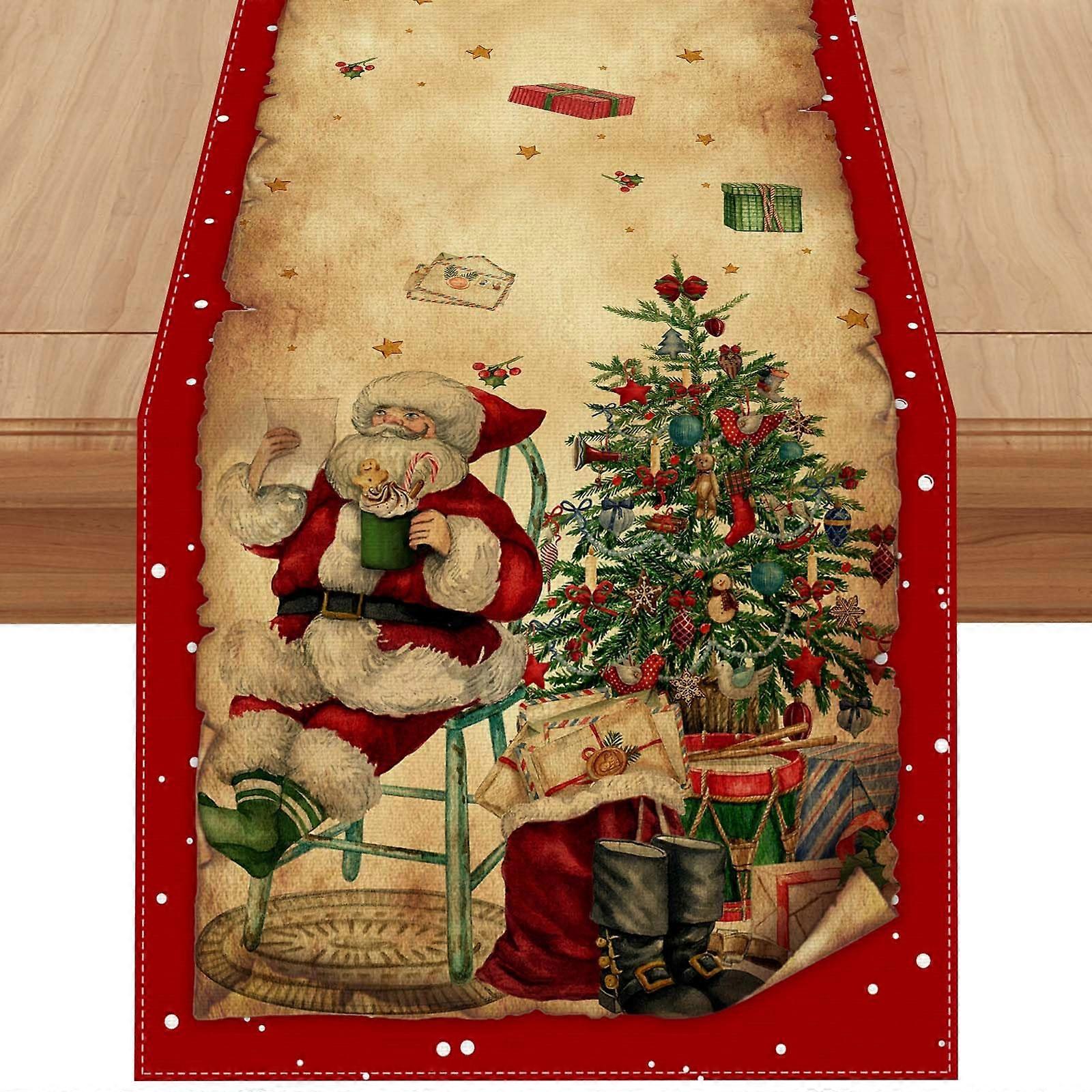 Christmas Table Runner 72 Inch Waterproof Polyester Vintage Red Festive Retro Design for Dining Table