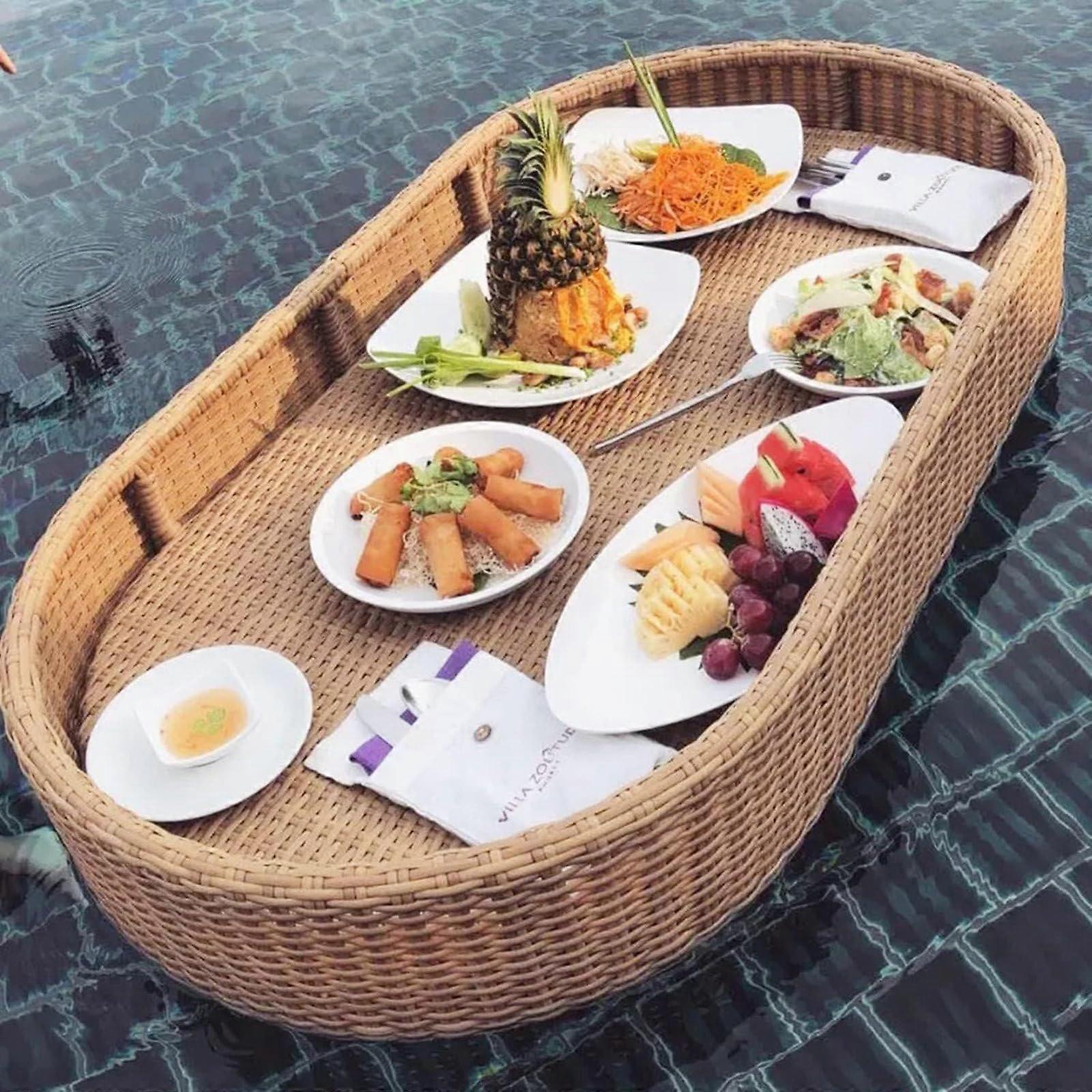 Large Rattan Floating Serving Tray with Handles for Pool Parties, Breakfast, Drinks and Snacks