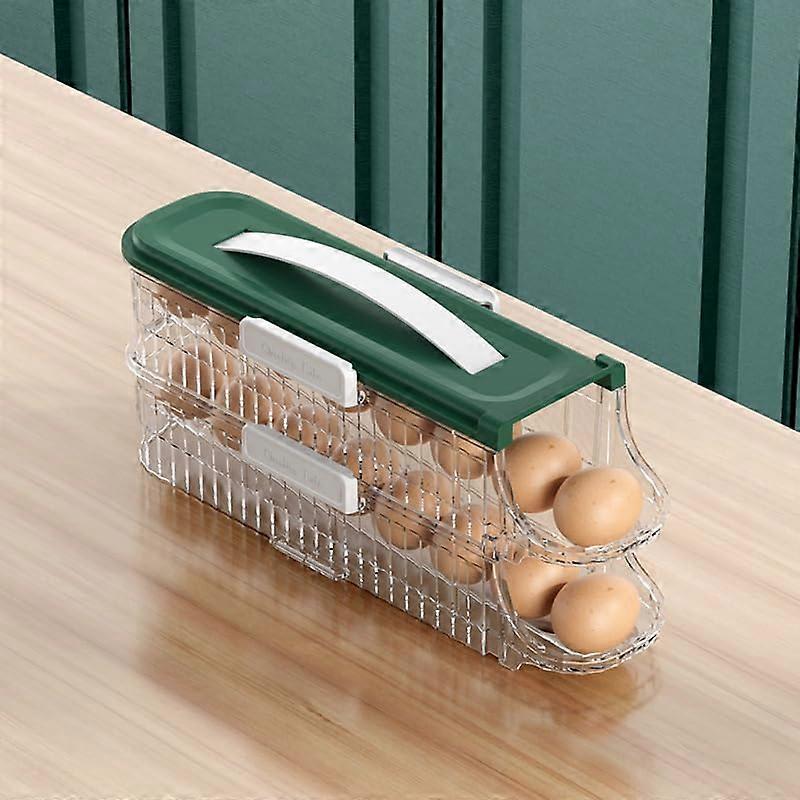 Egg Holder for Fridge, Automatic Rolling Dispenser with Lid, Stackable Large Capacity Organizer, Green 1 Row 2 Tiers