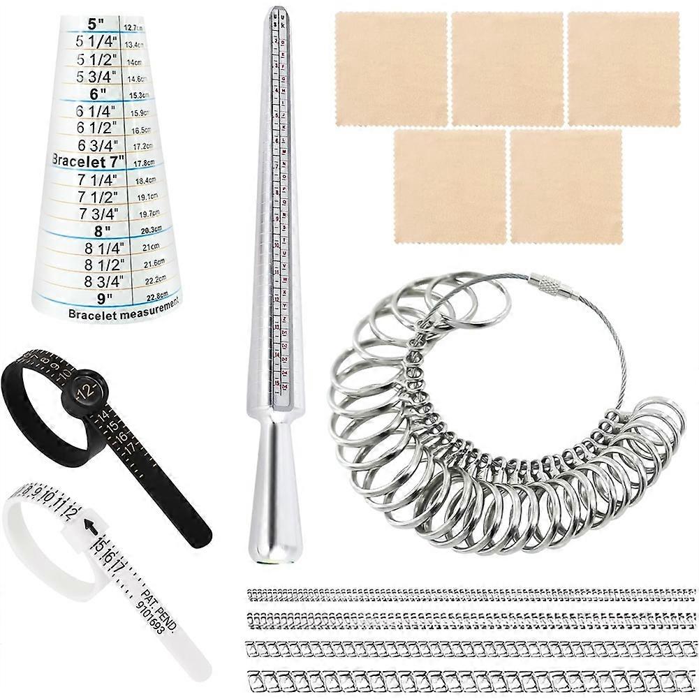 14Pcs Ring Sizer Measuring Tool Kit, RingSizing Mandrel, Ring Sizes Belt, Wiping Cloth, Ring Size Adjuster, Etc.