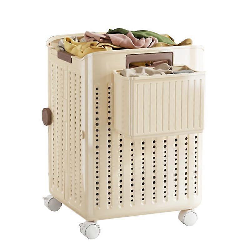 2Section Rolling Laundry Basket with Wheels, Foldable WallMount Hamper, 53L Cream Large Organizer