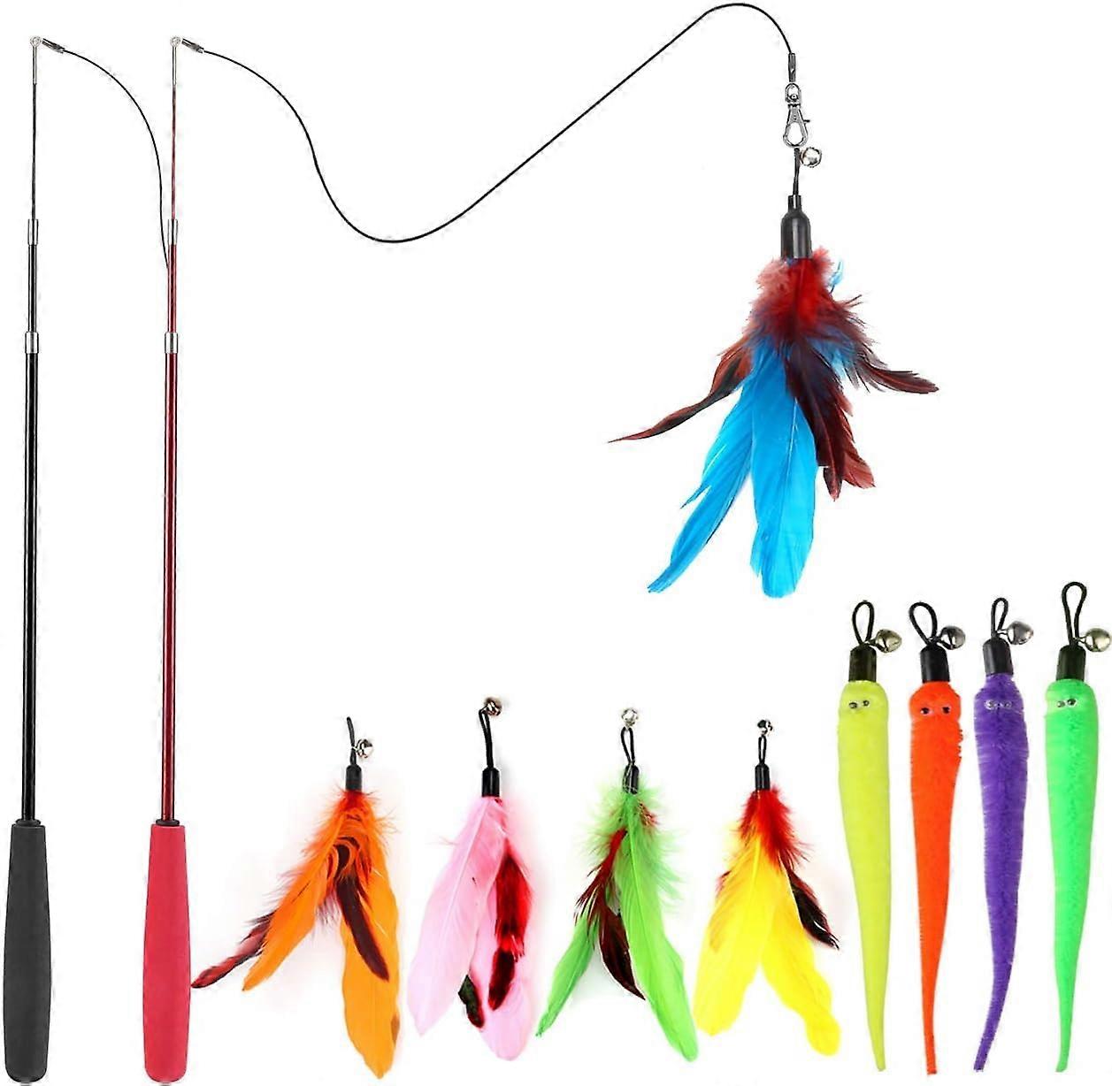 Cat Toys for Indoor Cats, Interactive Retractable Wand with Feather and Rainbow String for Active Play