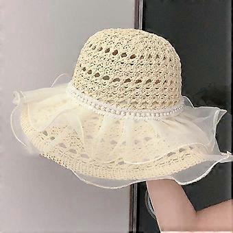 Gorra de sol portátil con perlas y encaje, transpirable, de paja tejida, de poliéster, ligera, de ala ancha, ideal para el verano.