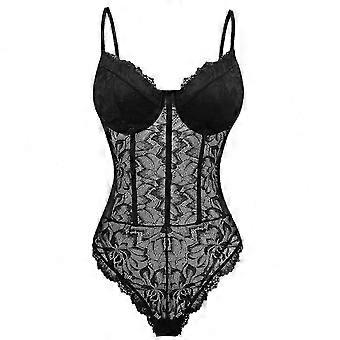 Damen-Body aus hochelastischer Spitze mit Mesh-Einsätzen, selbstbewusstmachender Dessous-Romper, Schwarz, Größe XS