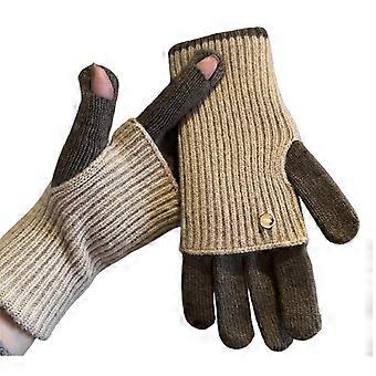 Women's Touchscreen Convertible Knit Gloves Beige2, Warm Color‑Block Wool Flip Finger Design for Winter Cycling