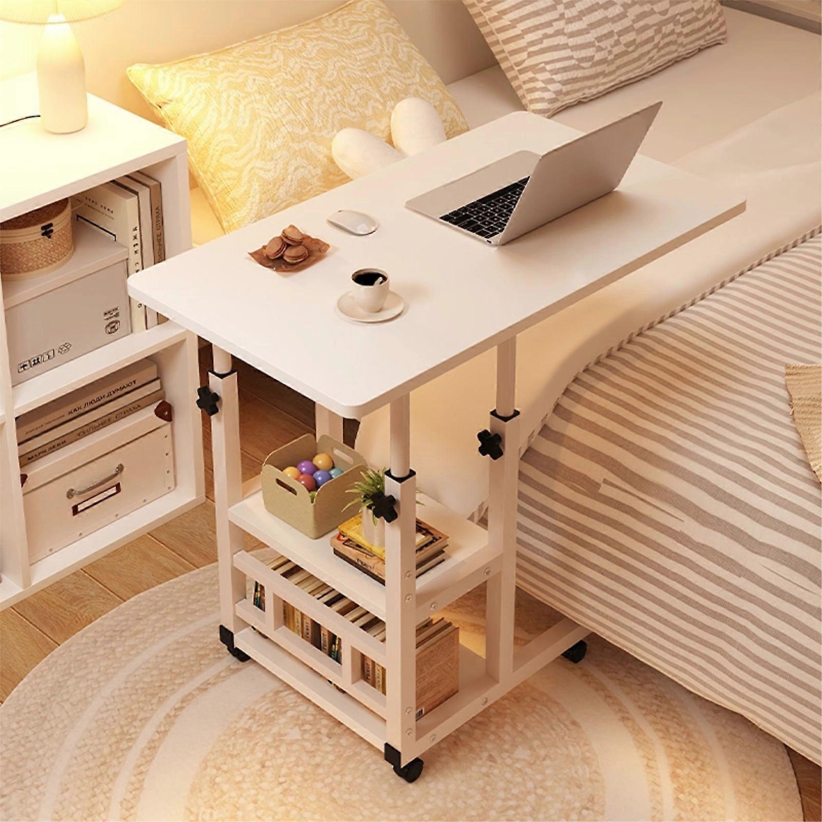 Height Adjustable C Table Overbed Bedside Table with Wheels Storage Shelves