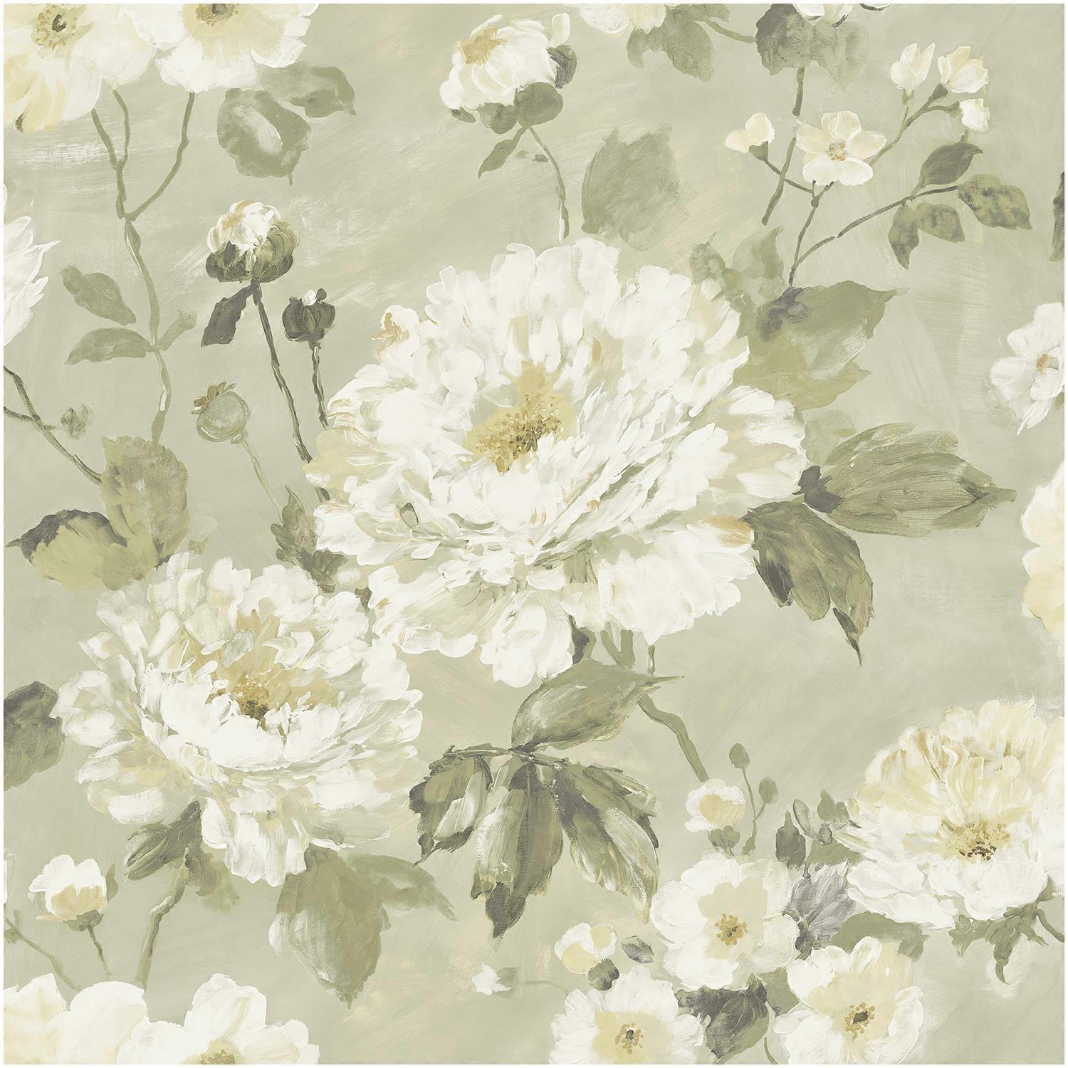 Sage Green Painted Floral Wallpaper