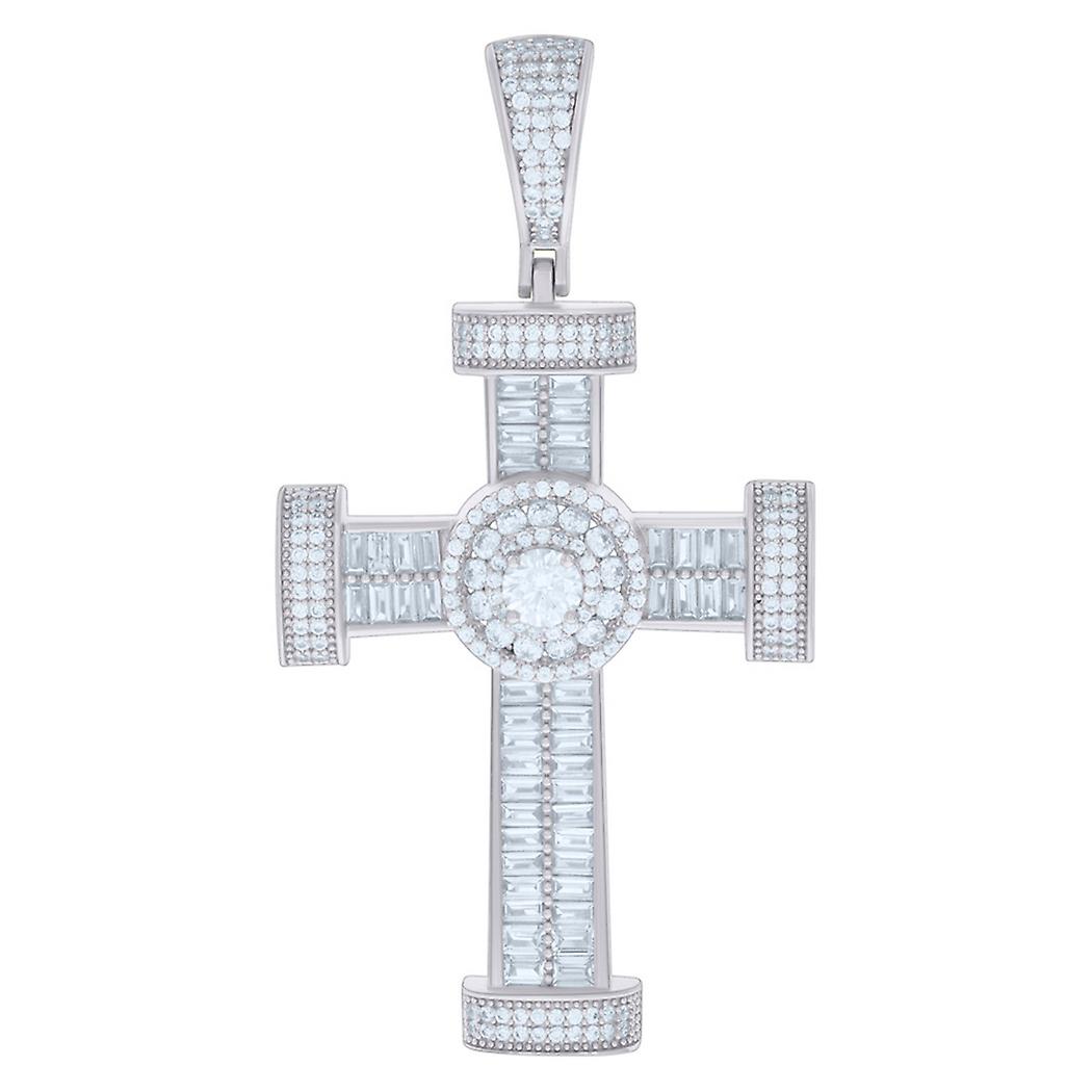 925 Sterling Silver Mens Baguette Round CZ Simulated Diamond Cross Religious Charm Pendant 68.5x35.8mm Wide Necklace for