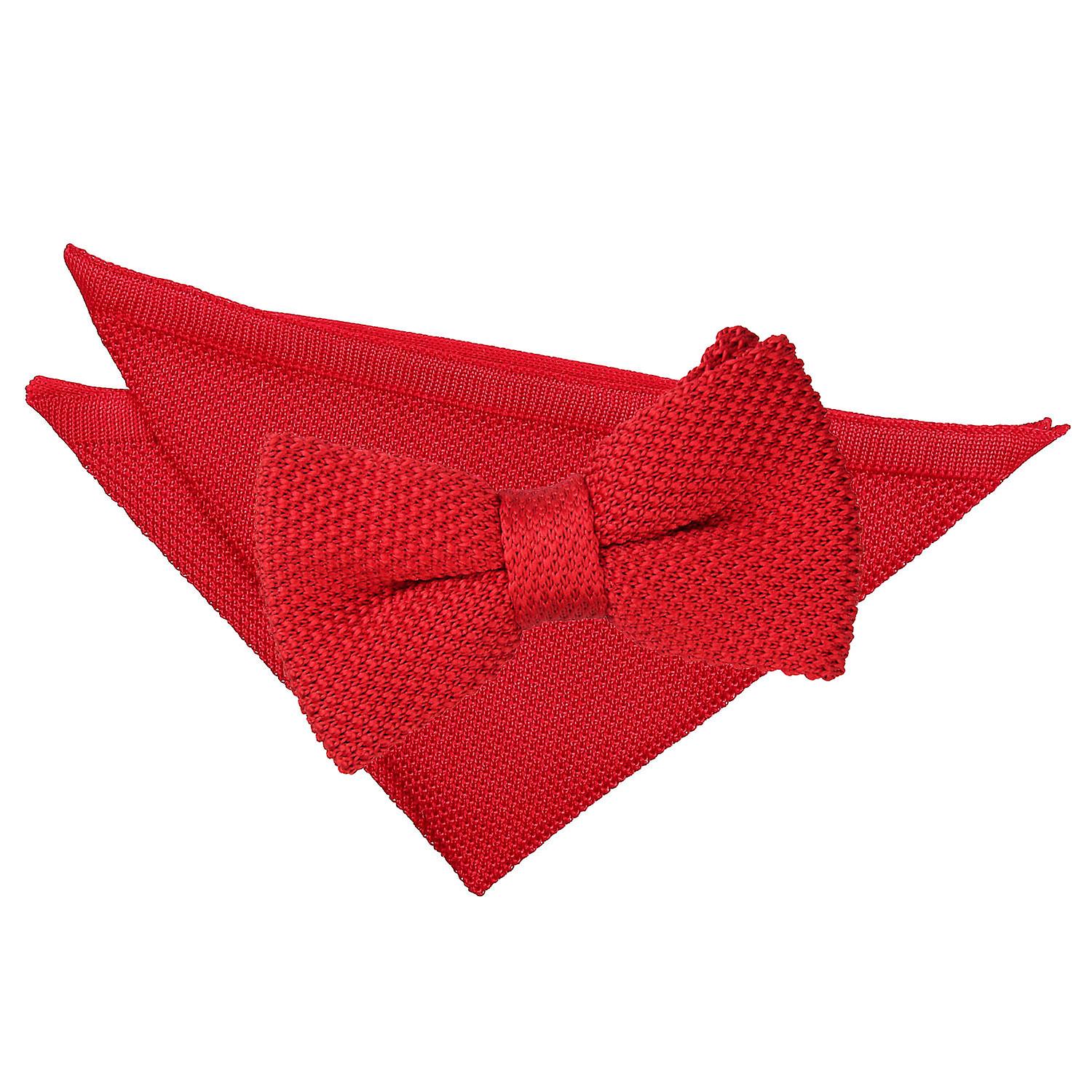 Crimson Red Knitted Bow Tie and Pocket Square Set