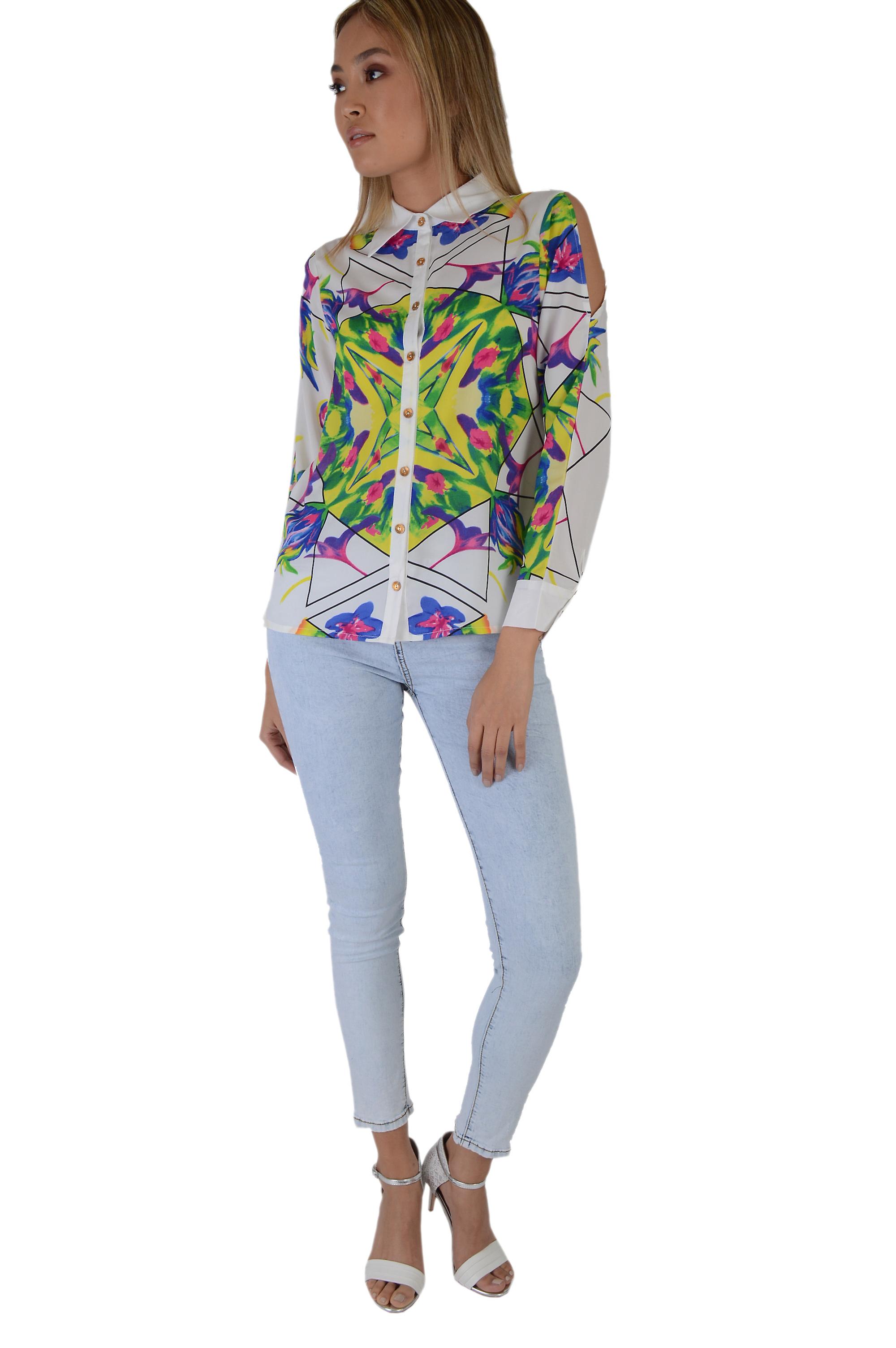LMS White Cold Shoulder Silk Shirt With Colourful Geometric Print
