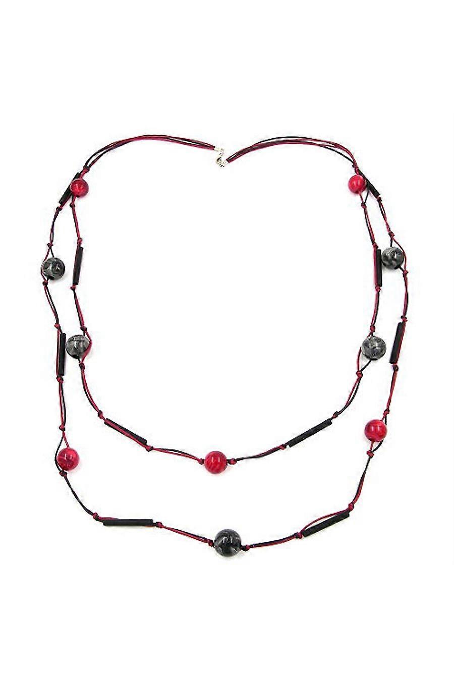 Necklace 2 Rows Red-black Silver-tone 95cm - Gl02125