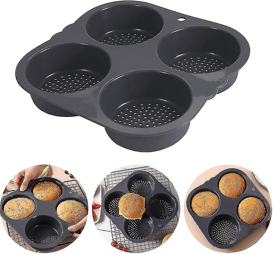 Hamburger Bun Mold 4 Cavity Loaf Pan, Mesh Hamburger Bun Mold for Making Buns, Non Stick Baking Pan Household Food Baking New Baking Tool (Gray)-YuJia