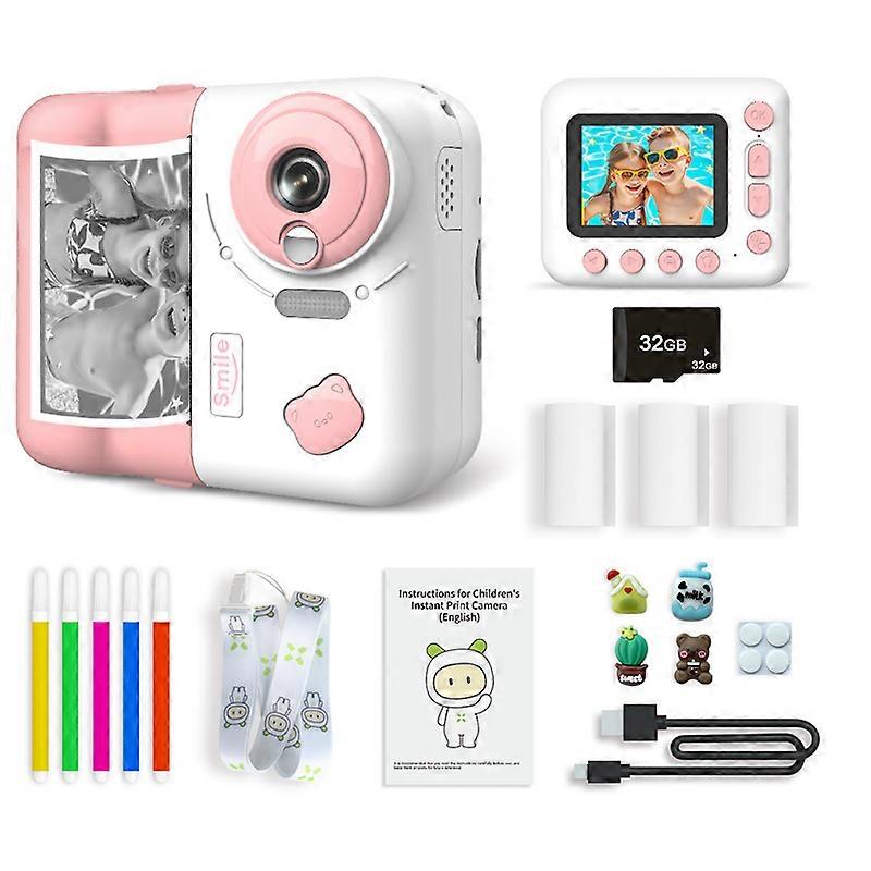 Kids Instant Print Camera 2.4" IPS Screen 1080P Digital Video Camera with MP3 Player Games for Kid's Gift 32G TF Card
