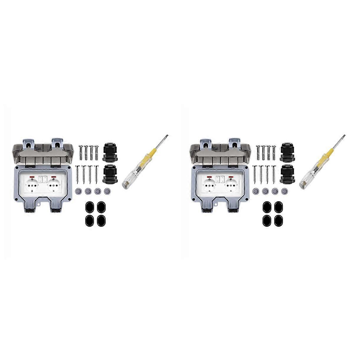 2X Outdoor Socket Waterproof Socket with Switch Indicator Light, Wall Socket Wet Room Surface-Mount