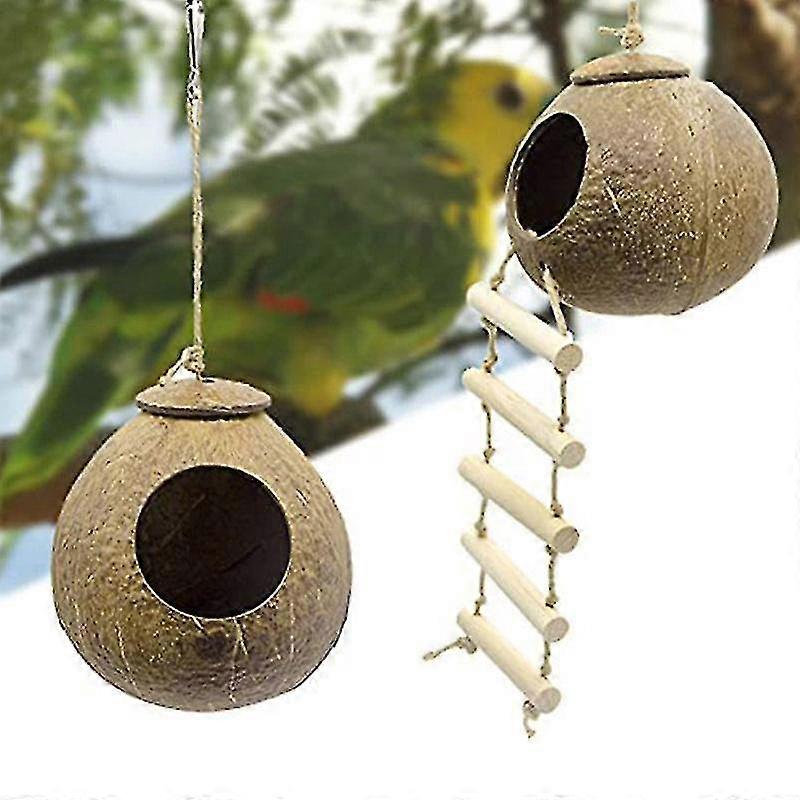 Coconut Bird House With Ladder,hanging,natural Coconut Shell Nest For Parrots,love Birds And Canarys