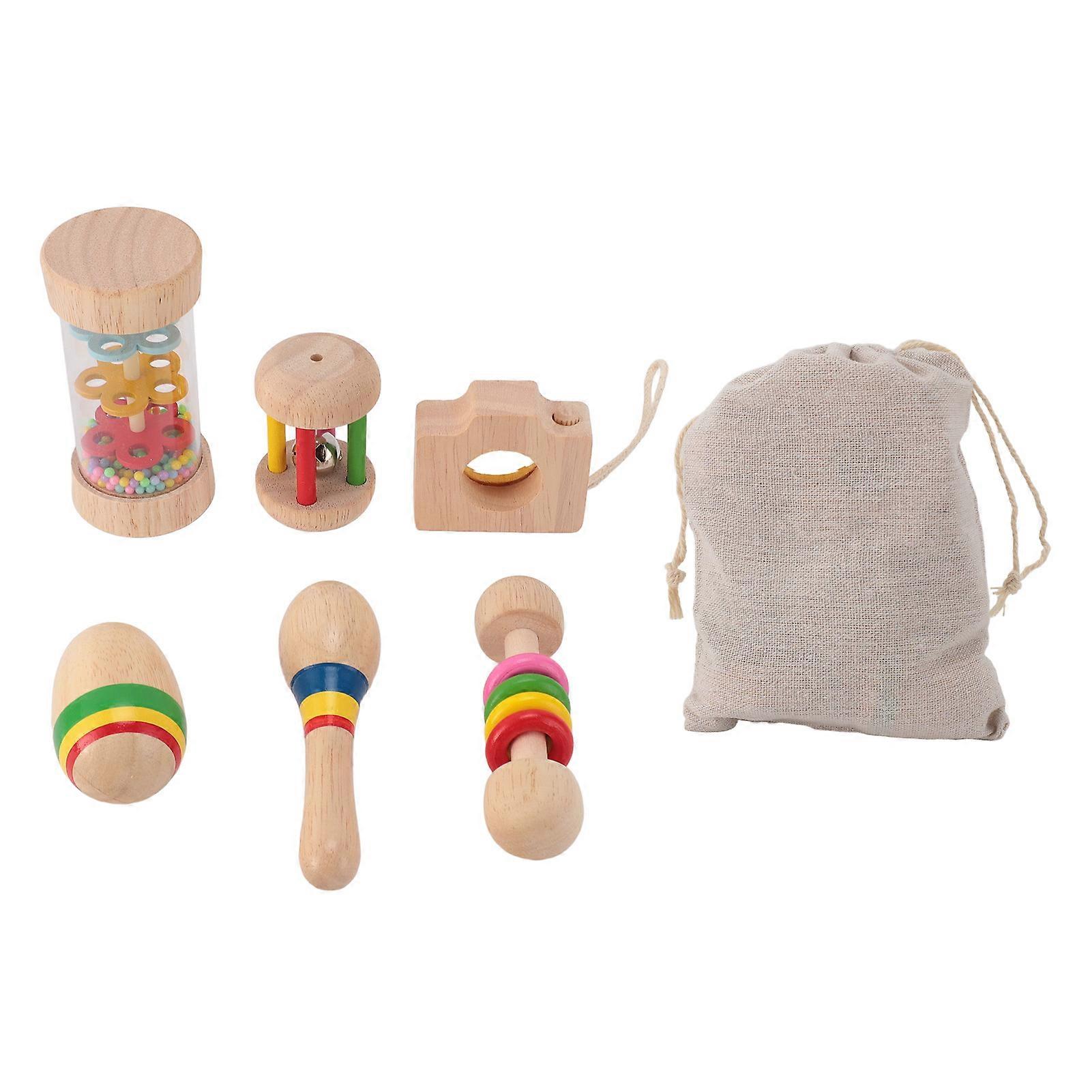 6 Pieces Wooden Baby Rattle Set with Handbell Shaker Rattles Sensory Training Easy Grasping Colorful Wood Toy Set