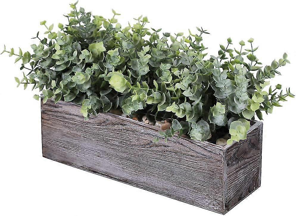Faux Eucalyptus Plants In Rustic Rectangular Wood Planter Box Artificial Eucalyptus Greenery Arrangement Potted Plant Table Dcor