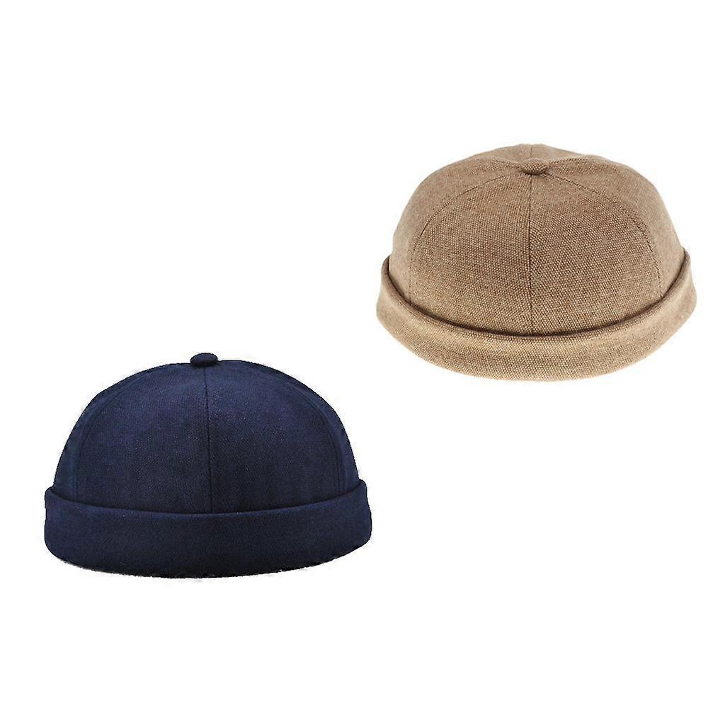 2Pack Men's Docker Hat Sailor Cap Mechanic Biker Hat Skull Beanie Cap Plain - 2 Pcs-Light Brown+Navy