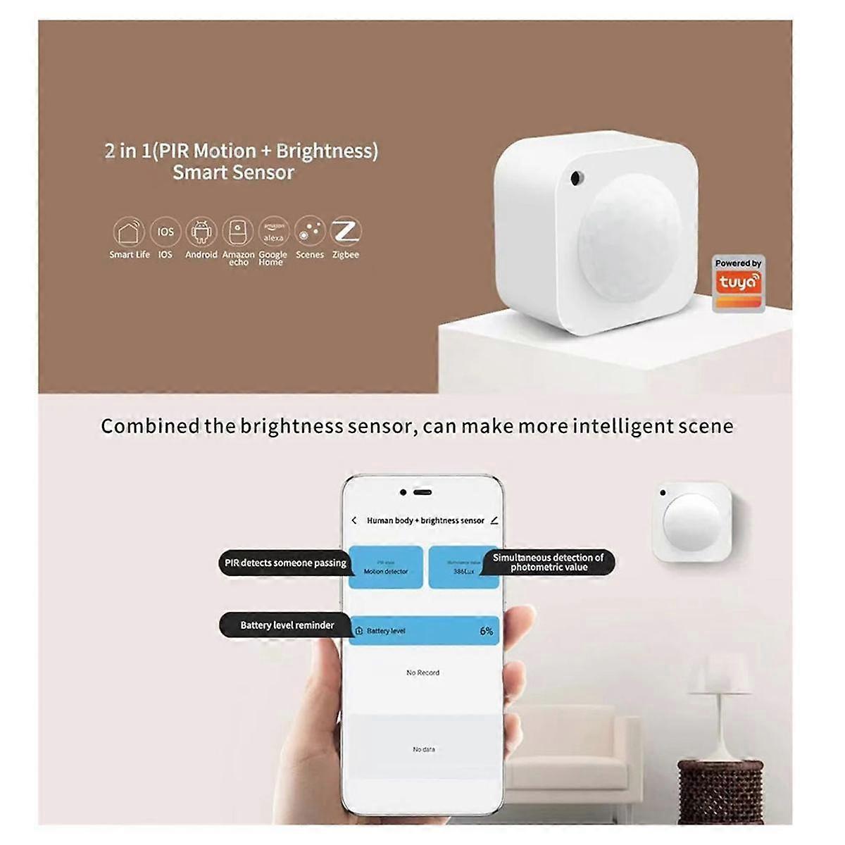 Tuya 2 in 1 Smart Zigbee PIR Motion Sensor+Brightness Passive Infrared Detector Batttery Powered Burglar Alarm Sensor
