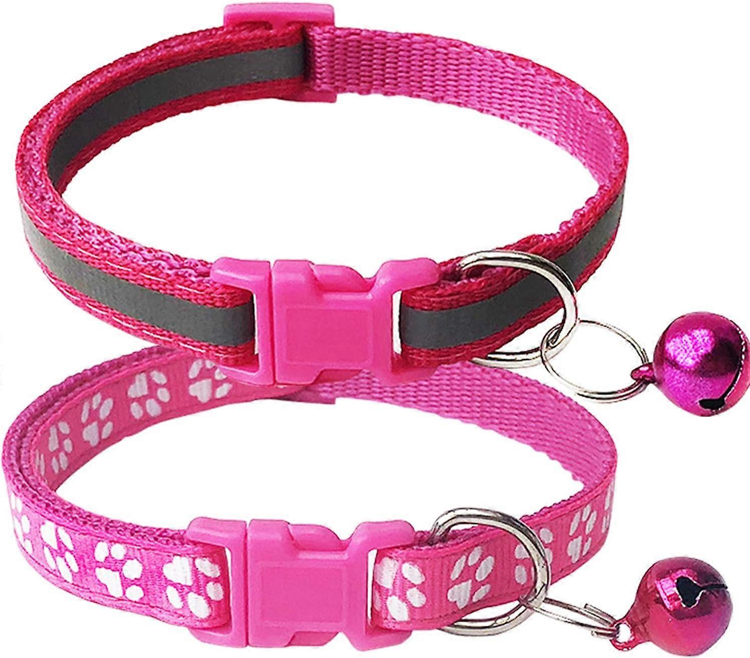 2-Pack Footprint & Reflective Cat Collar With Bell Basic Dog Cat Collar Buckle Adjustable Polyester Cat Dog-Rose