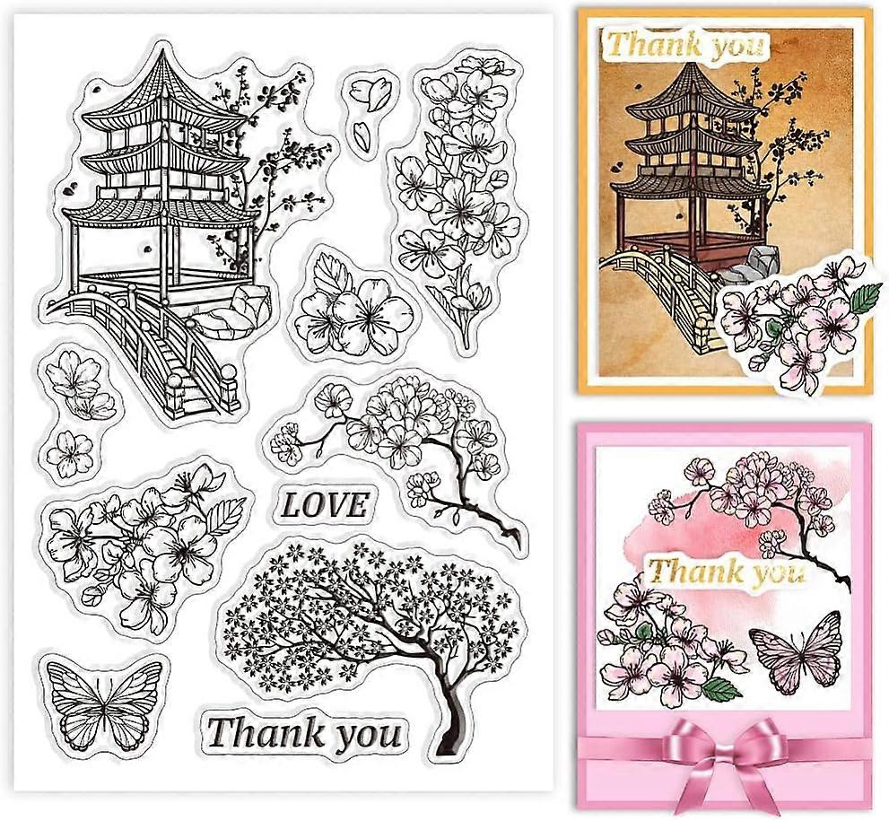 DIY Japan Cherry Blossom and Gazebo Transparent Clear Stamps Japan Cherry Blossom and Butterfly Embossing Stamp Sheets Silicone Clear Stamps Seal for