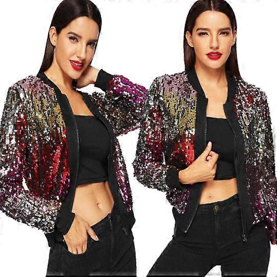 Ladies Sequin Glitter Jacket Multi Coloured Festival Party Bomber