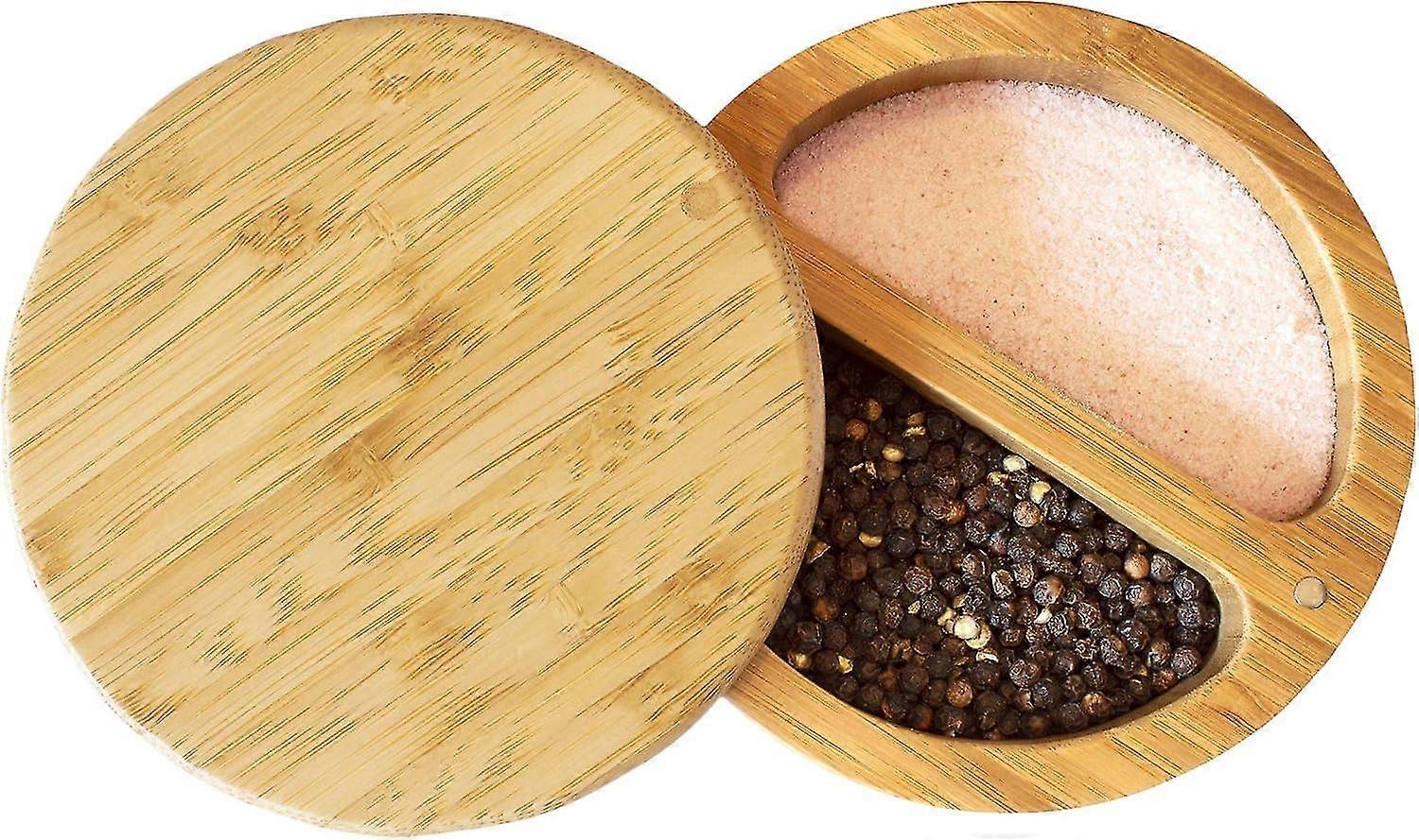 Bamboo Container with Magnetic Lid ,Two Compartments for Salt & Spices