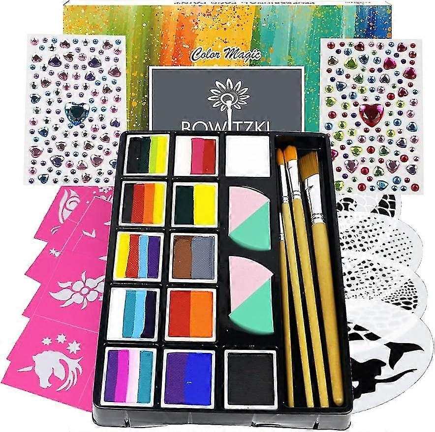 Bowitzki Professional Face Paint Set For Kids And Adults 12 X 10g Face Painting Kit Stencil One Stroke Split Cakes Palette Non-toxic Rainbow Flora Dol