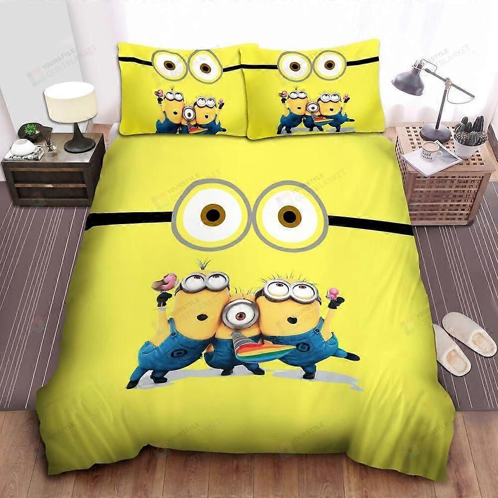 v2172 ملاءات سرير مينيون في Despicable Me Jerry Kevin Jon لحاف لحاف مجموعة أغطية Doona طقم فراش من 3 قطع (1 غطاء لحاف + 2 وسادة) سرير She