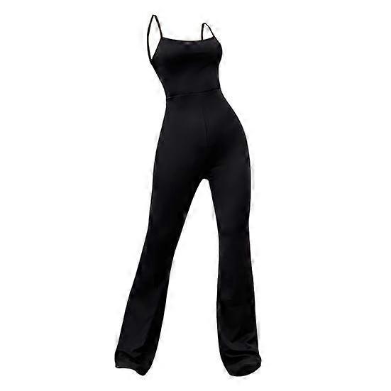 Women Summer Jumpsuit Backless Sleeveless Slim Fit Solid Color Square Neck High Tight Waist Flared Hem Soft Spaghetti Strap Lady Sport Jumpsuit