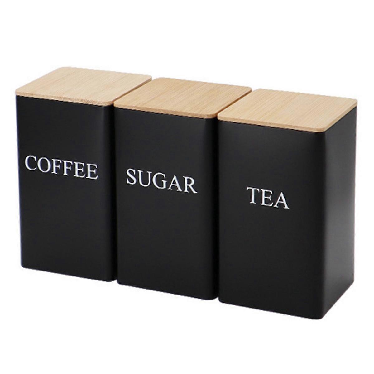 3Pcs Three-Piece Sealed Cans Simple Style Bamboo Lid Iron Tea Can Snack Storage Coffee Bean Square C