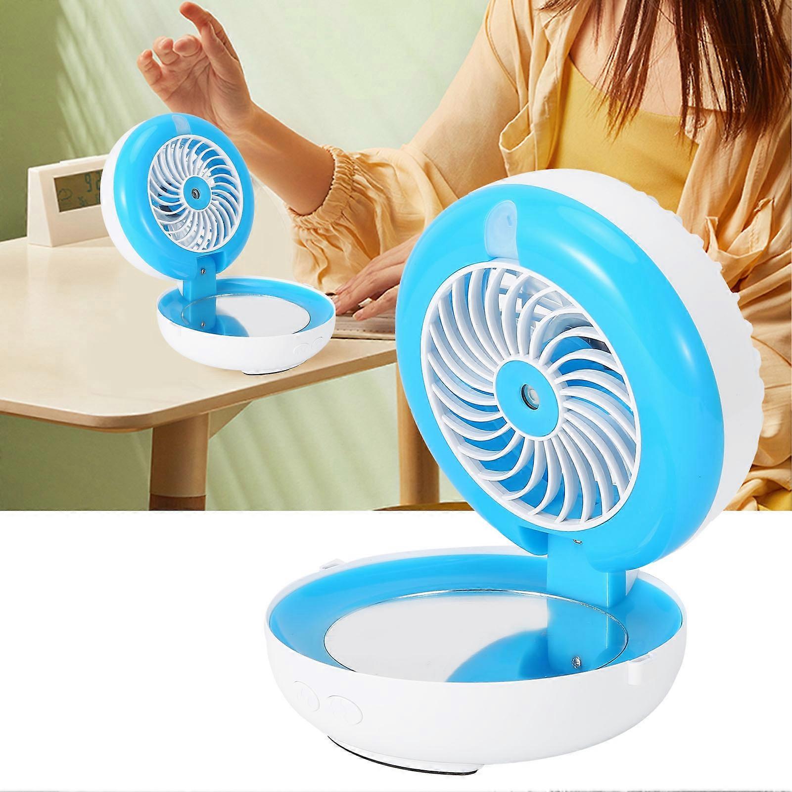 Multifunctional Folding Fan with USB, Mirror & Humidifier, Blue
