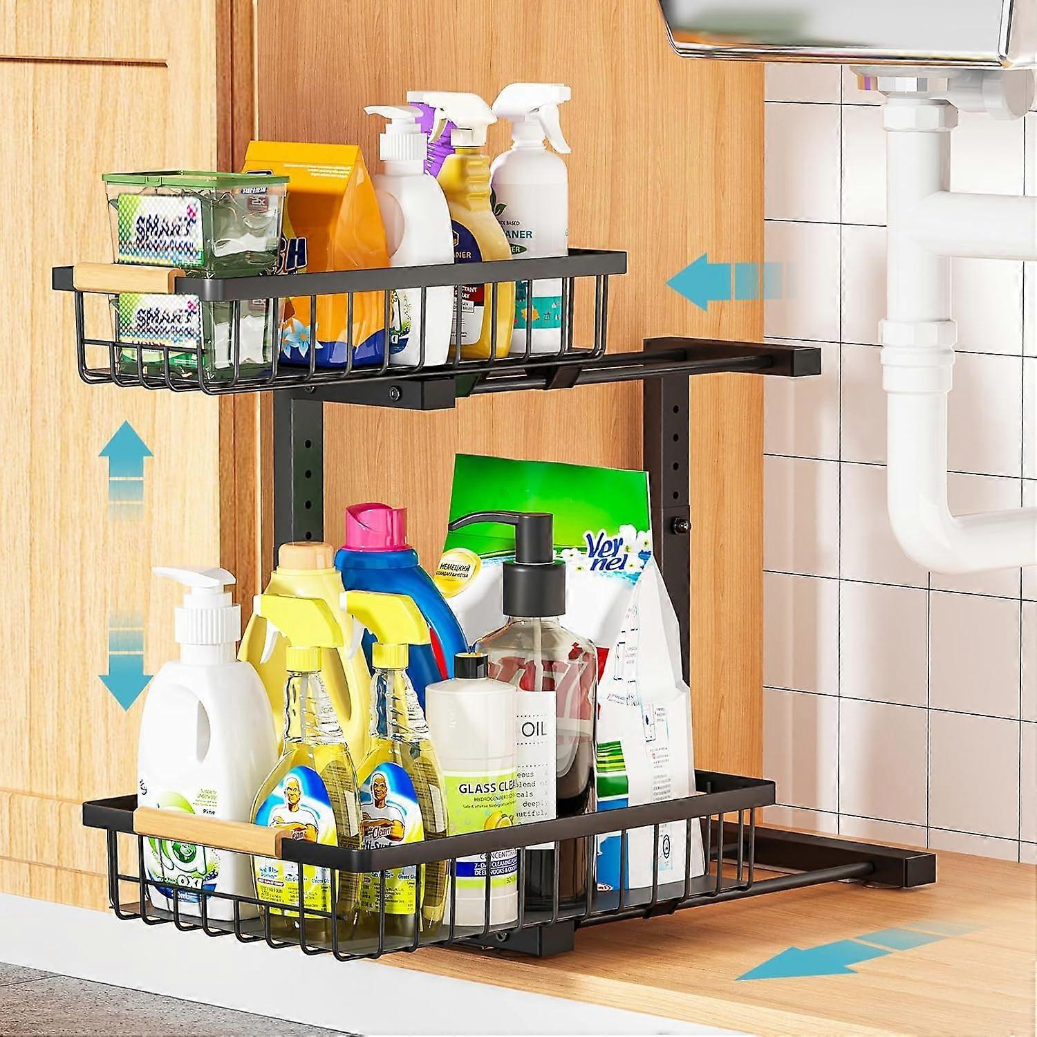 Under Sink Organizer Storage 1 pack, 2 Tier Slide Out Height Adjustable Drawers, Black