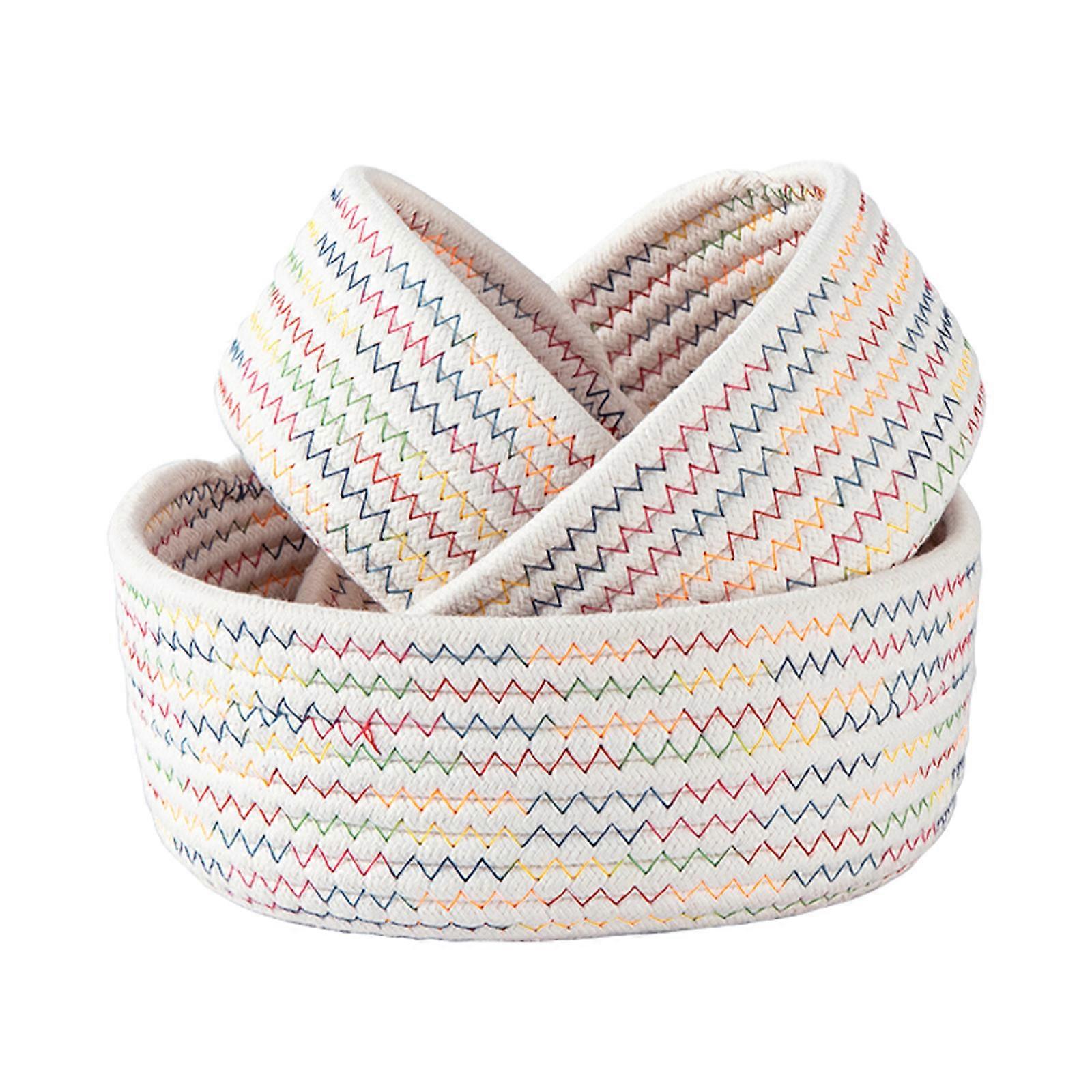 Cotton Rope Woven Basket Set Desktop Organiser Multi-Size White Colourful Round Design 3 Pieces Durable Storage Solution for Hom