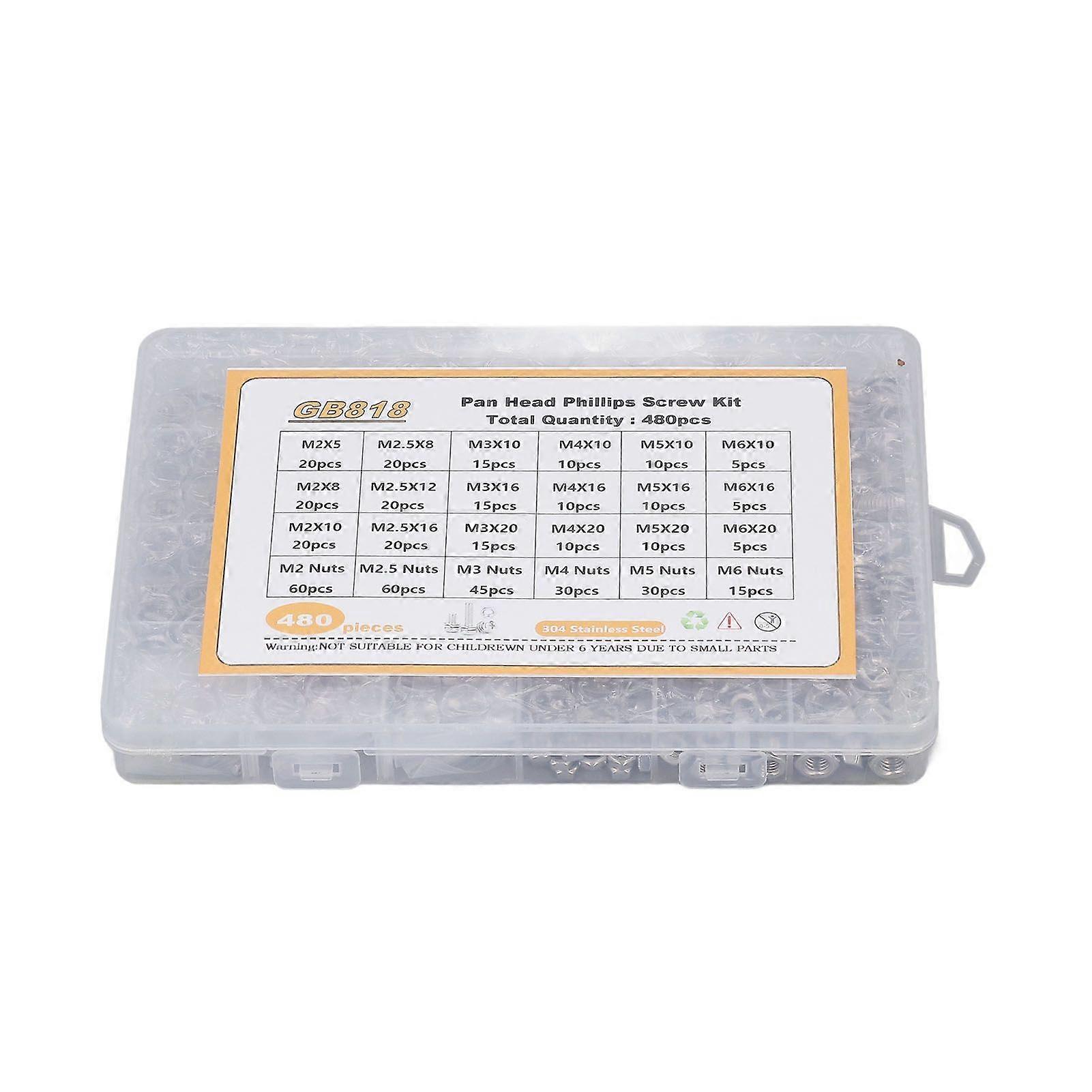 Hoge kwaliteit 480 stuks set M2 M2.5 M3 M4 M5 M6 304 RVS (pan kop...