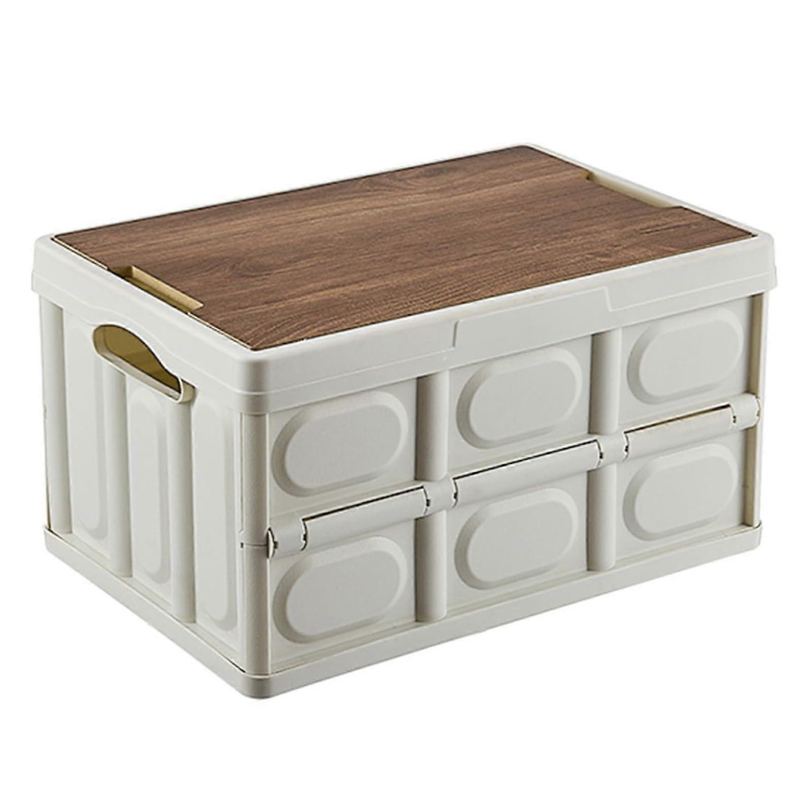 Foldable storage box with wooden lid, camping storage box, garden chest with handles for outdoor use, trunk and home (white) 52cm