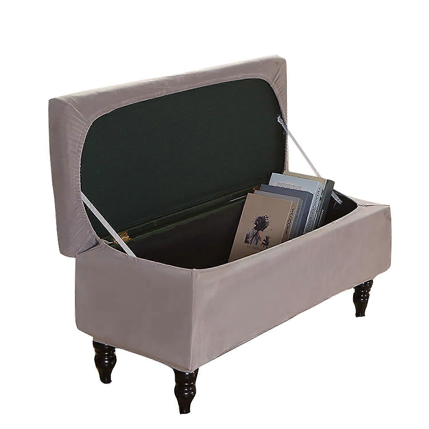 Ottoman Cover Velvet, Rectangular, For Ottomans And Benches, Stretch Slipcover With Elastic Edges, Small Light Gray