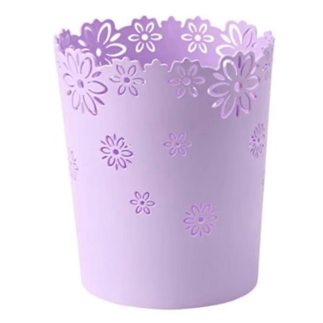 Plastic waste container, hollow flower waste can round waste paper flower tip waste container for home office M purple, 22.5 x 19 x 15 cm