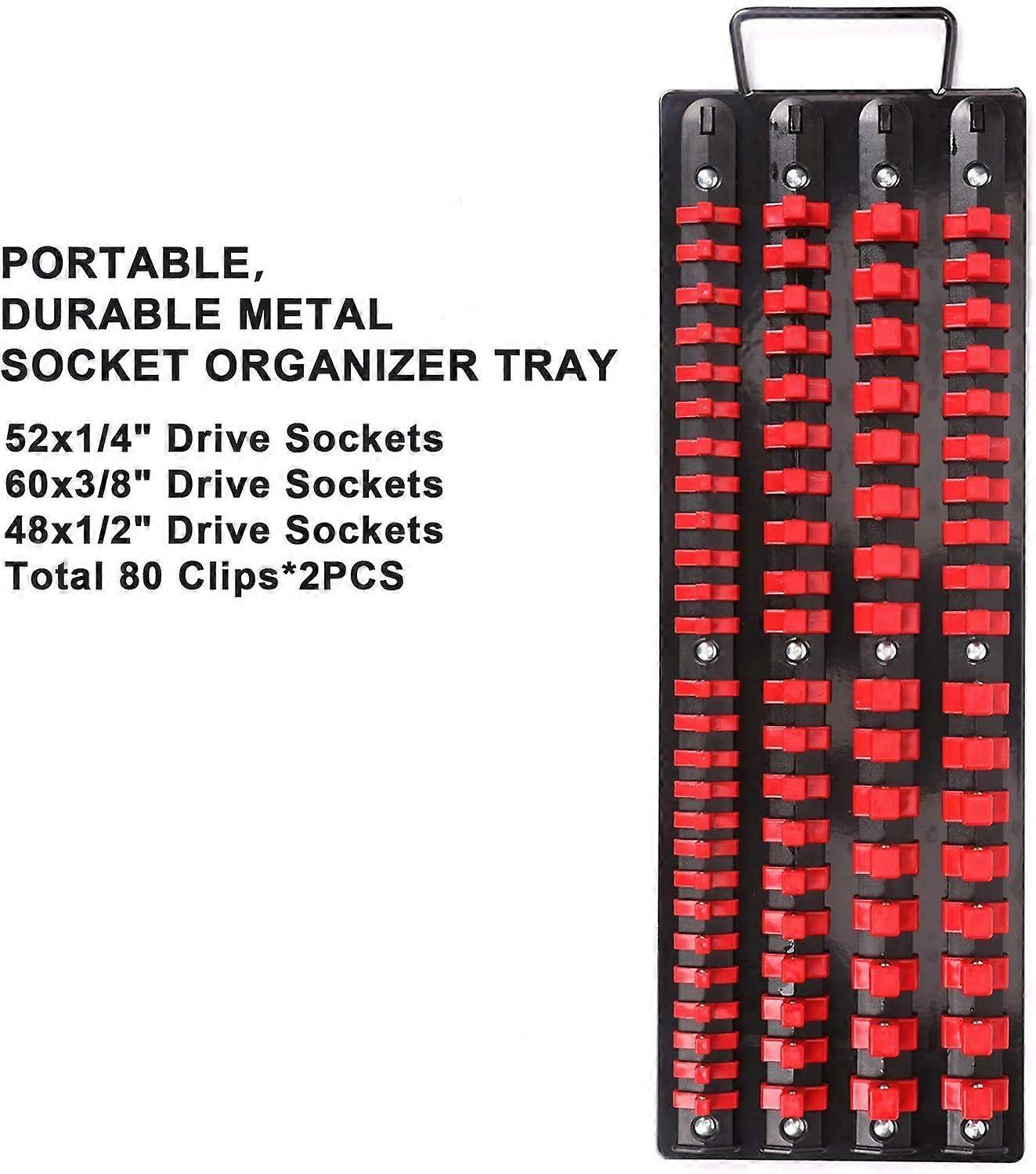 80 Piece Portable Socket Organizer Tray, Set of 1, Tool Organizer 1/4", 3/8", 1/2", Heavy Duty Socket Holder, Black Rails, Blue and Red Clips