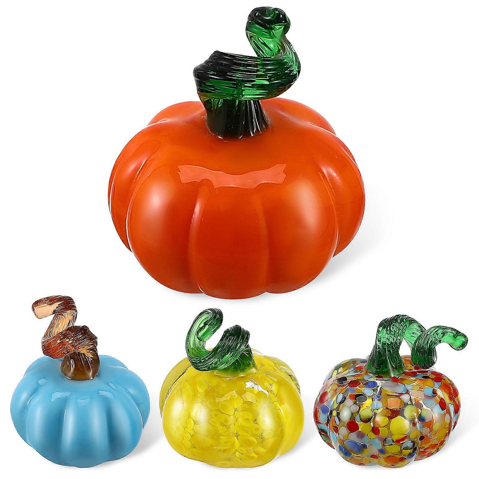4pcs Shimmering Blown Glass Pumpkin Figurines for Fall Home Decor, Thanksgiving Centerpieces & Seasonal Displays – Unique Patterned Ornaments