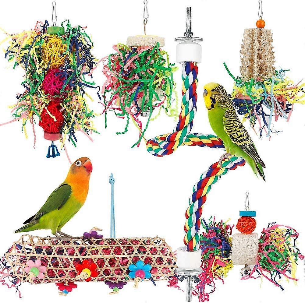 Bird Toys for Parakeets and Cockatiels - Chew, Shredding, Foraging, Hanging Toys with Rope Perch and Shredded Paper