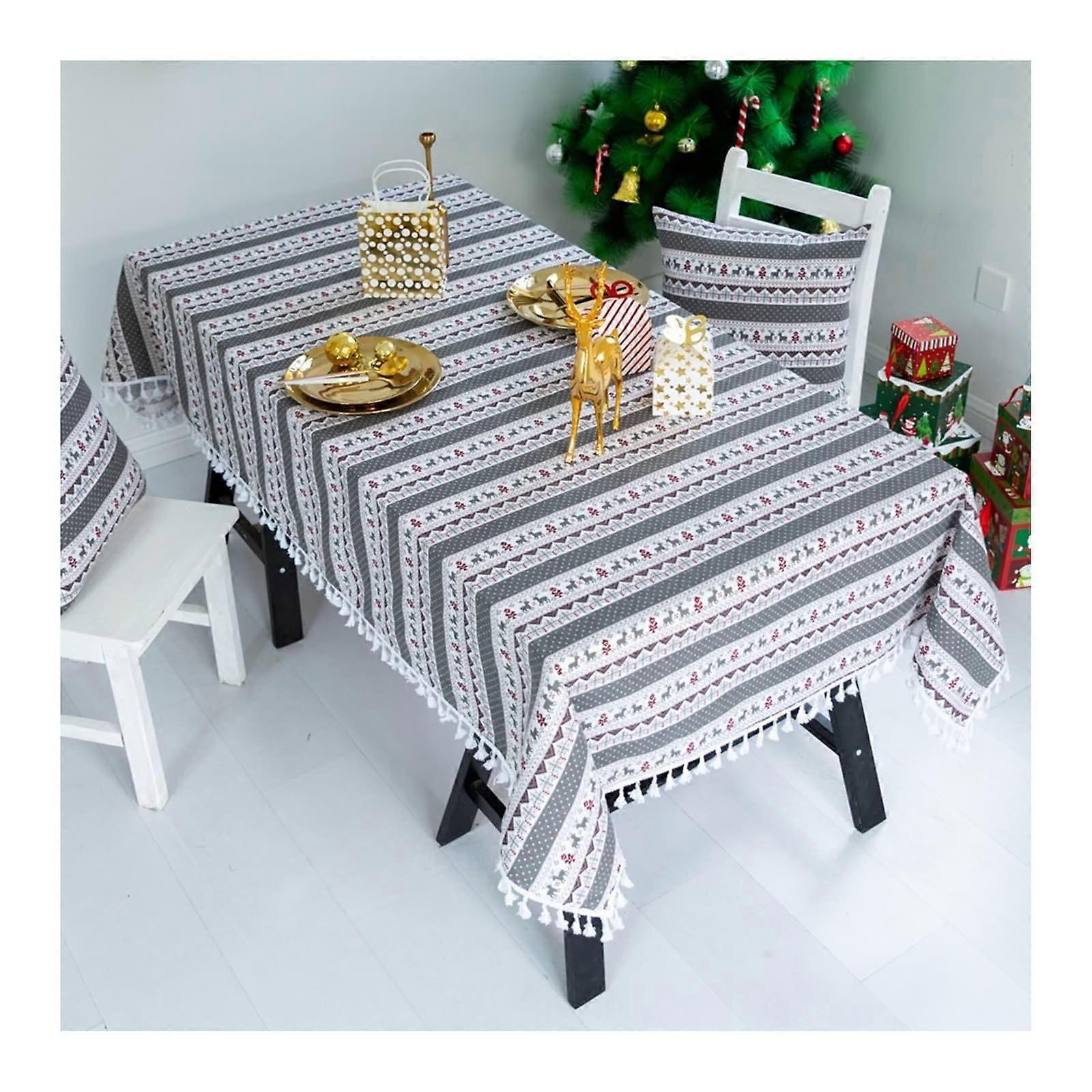 Christmas Tablecloth Snowflake Deer with Tassel Linen, Round Outdoor 135x260cm