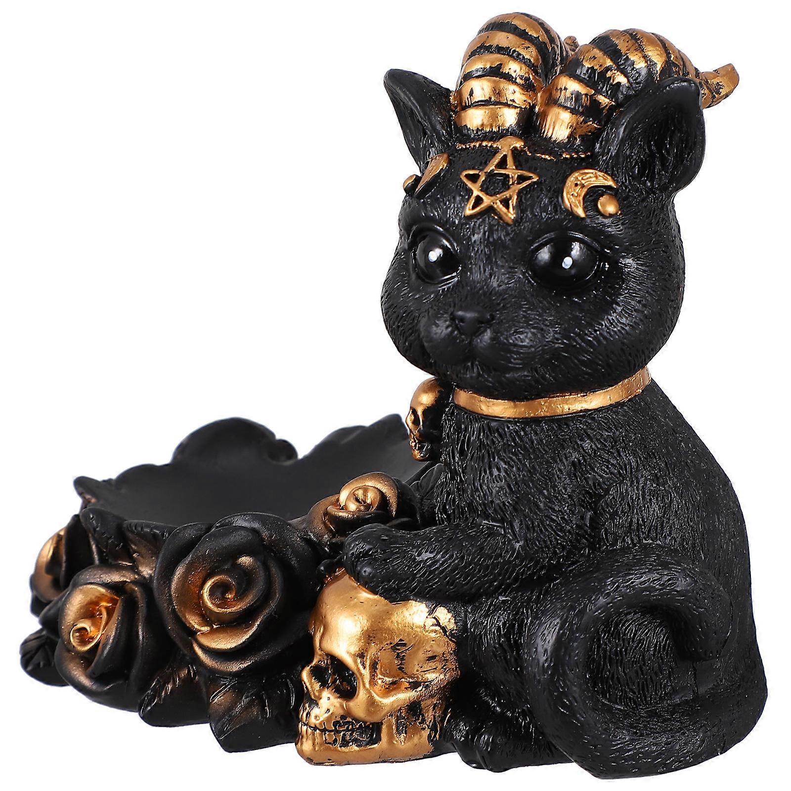 Abstract Cat Statue Pentagram Skull Black Cat Design Crystal Ball Display 1Set