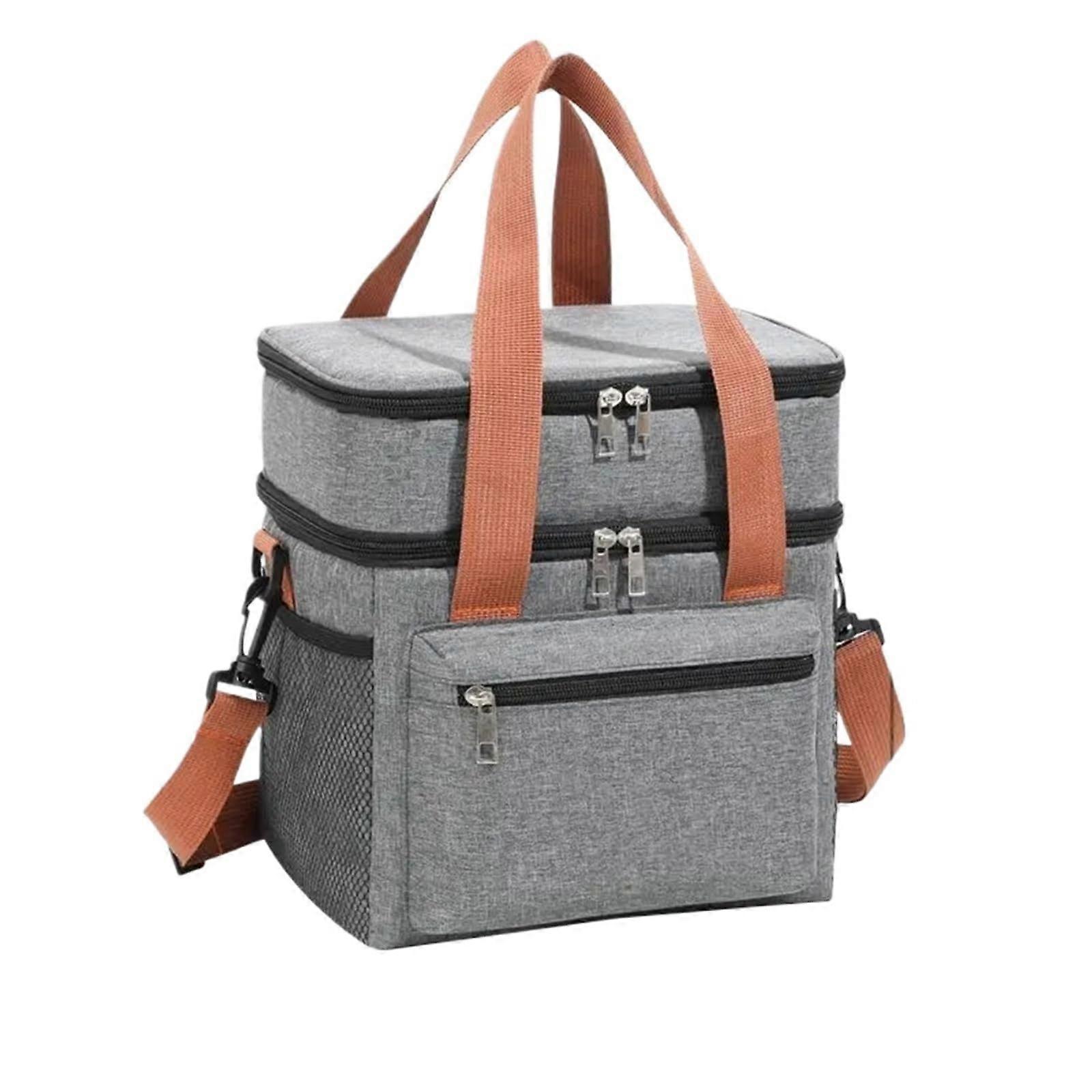 Double Layer Tote Bag Cooler, Large Capacity Lunch Bag for Men and Women, Travel Picnic with Shoulder Strap Grey 1PC