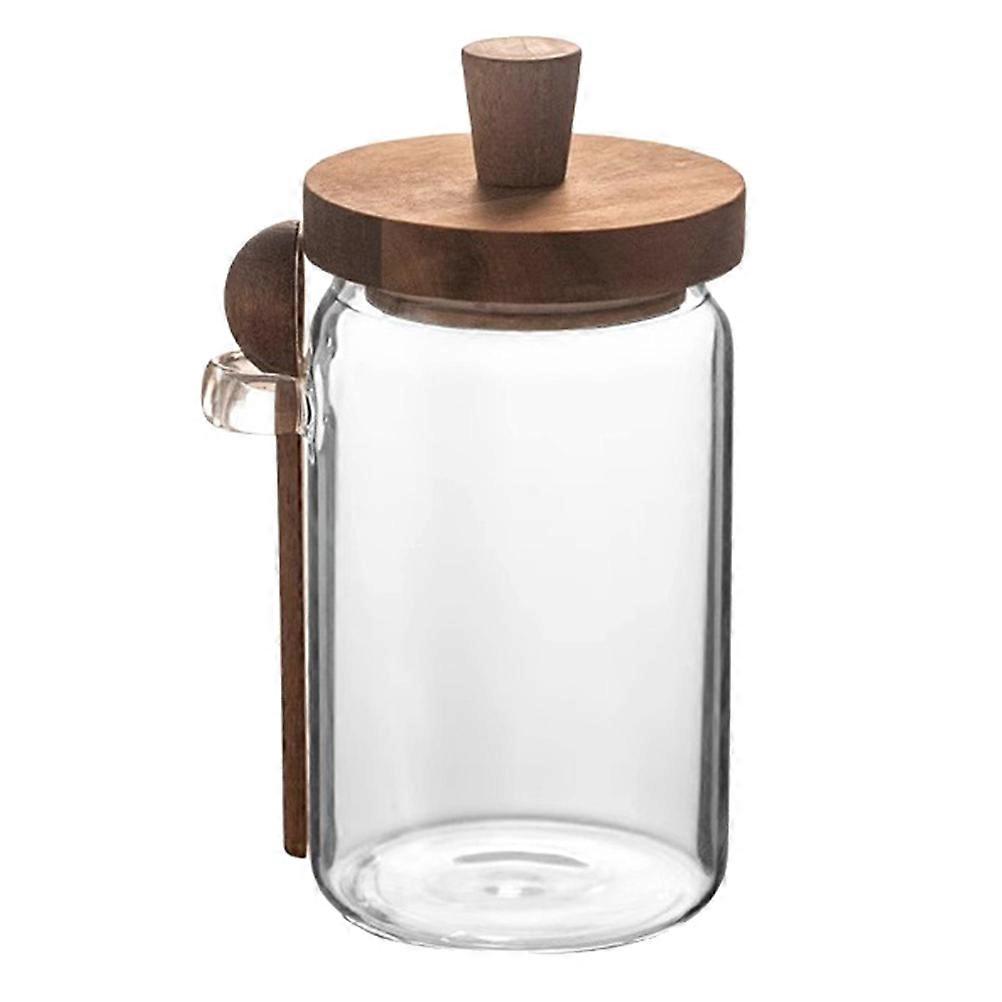 Coffee Canister Glass Airtight Jar With Wood Lid For Kitchen Home Coffee Shop Simple And Elegant Style 1Set